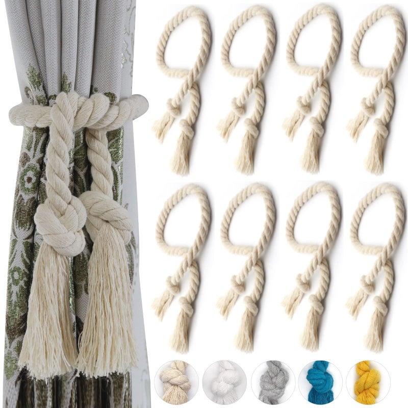 Yteseery 8 Pack Curtain Ties, Outdoor Curtain Tiebacks, Natural Cotton Curtain Holders, Village Rural Rustic Curtain Holdbacks, Nautical Curtain TieBacks Rope for Patio Drapery Pergola Drapes, Beige - Image 1